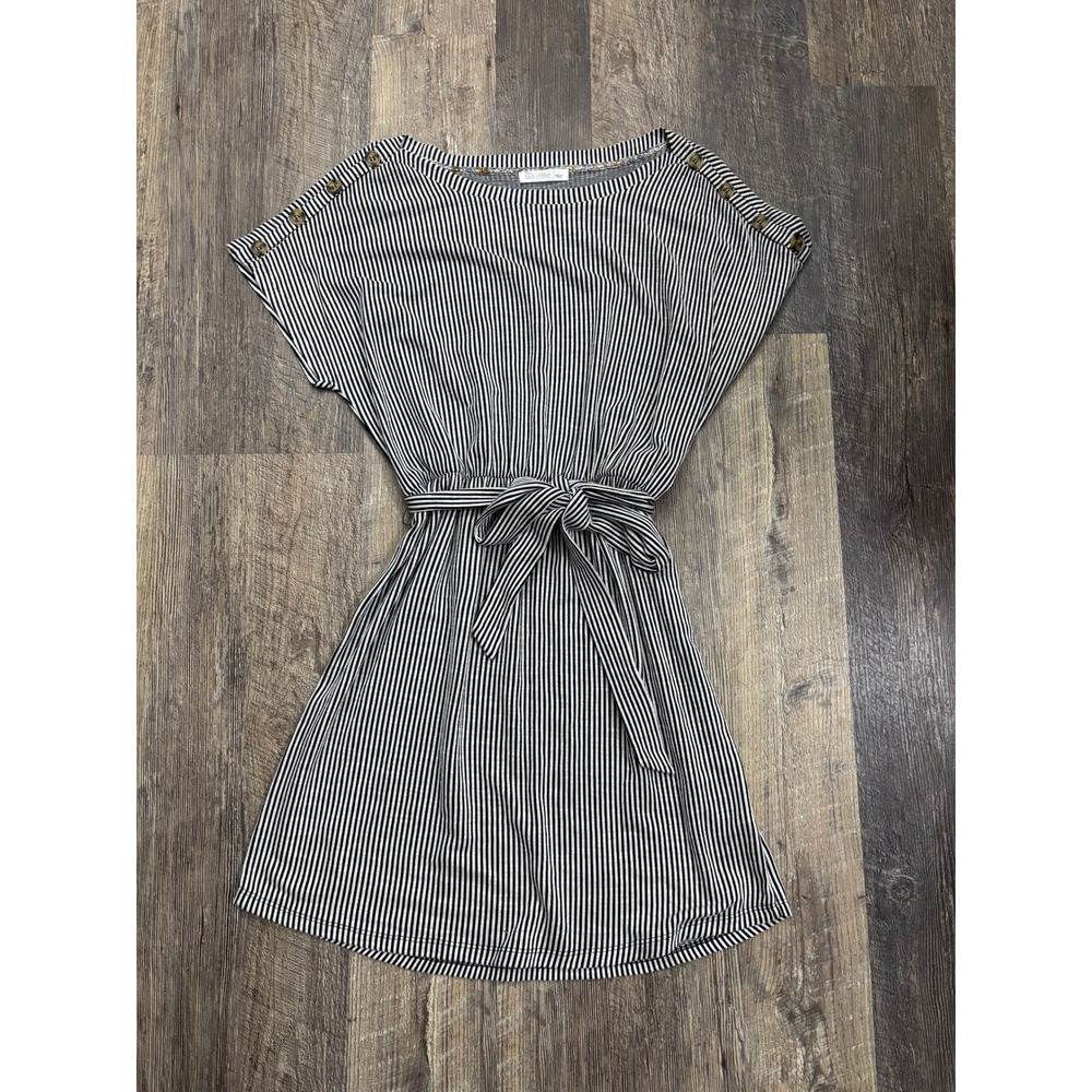 Blue Orchid Women Navy White Striped Button Shoulder Tie Waist Mini Dress Large